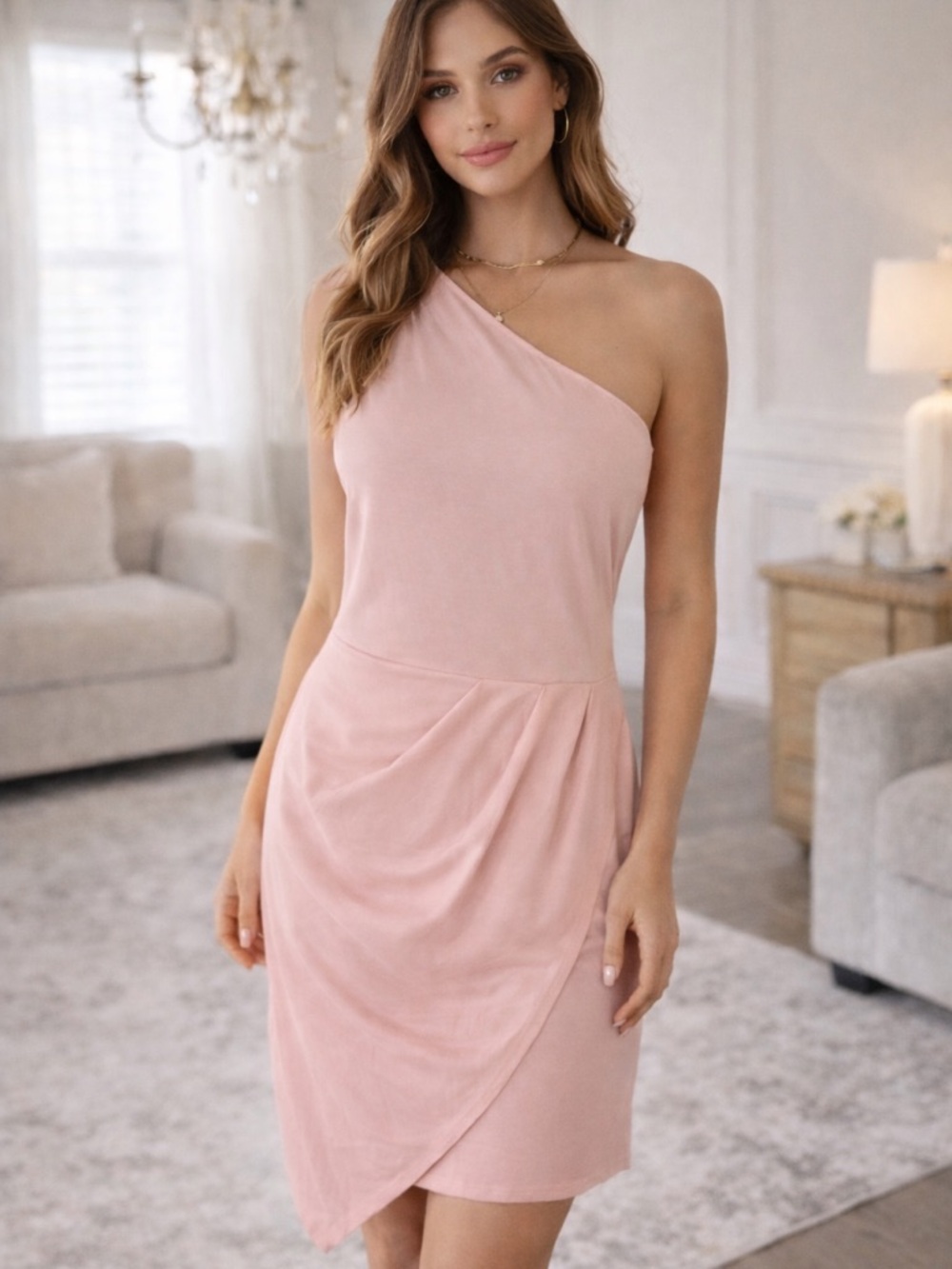 PrettyGarden NWT Blush Pink One Shoulder Ruched Mini Dress Size Large